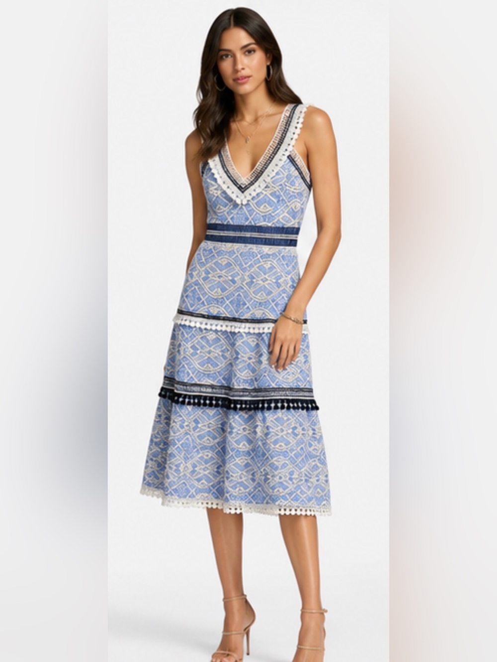 Gianni Bini Blue Patterned V-Neck Midi Dress with Lace Trim